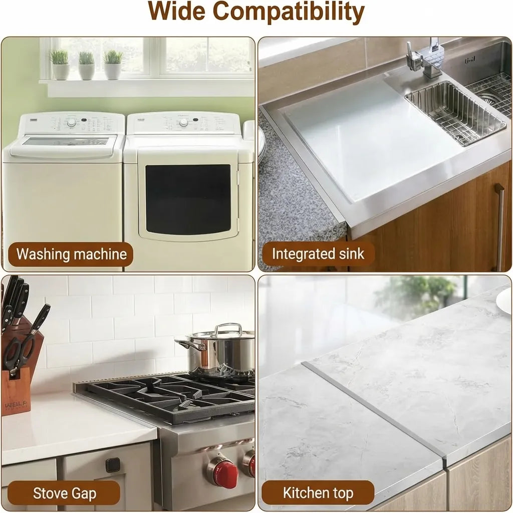 Stainless steel stove gap covers beside a cooker and kitchen worktop