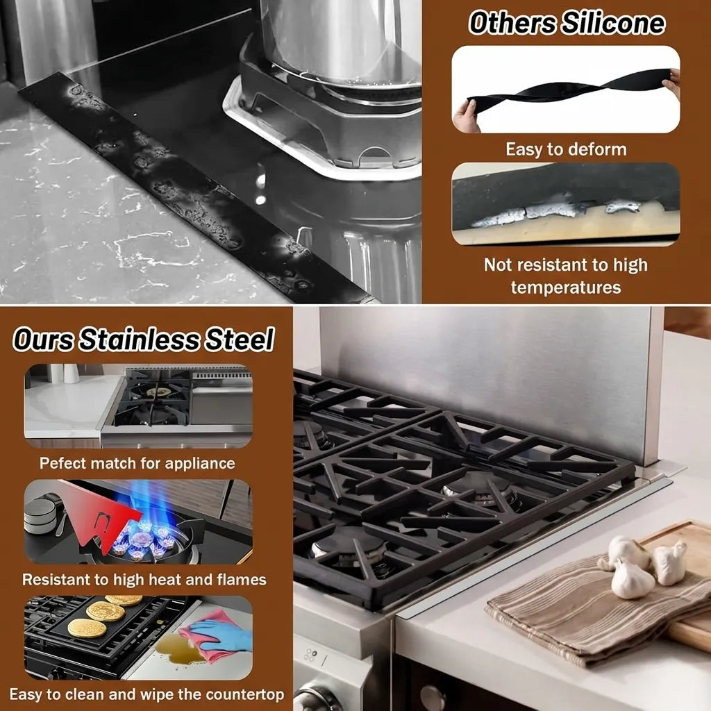 Stainless steel stove gap covers beside a cooker and kitchen worktop