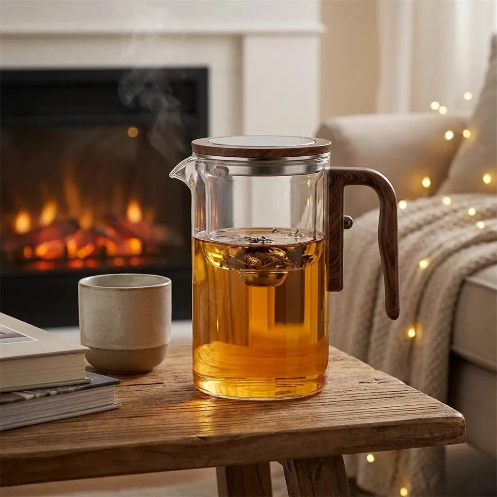Clear glass tea infuser teapot with brown wood-effect handle and lid