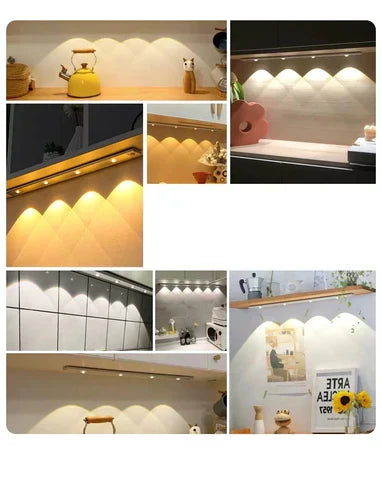 Wireless slim LED under cabinet light illuminating a kitchen worktop