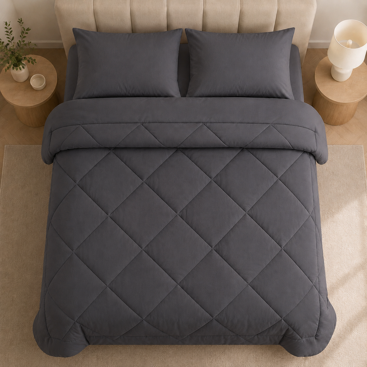 Quilted duvet with diamond stitching arranged over a bed