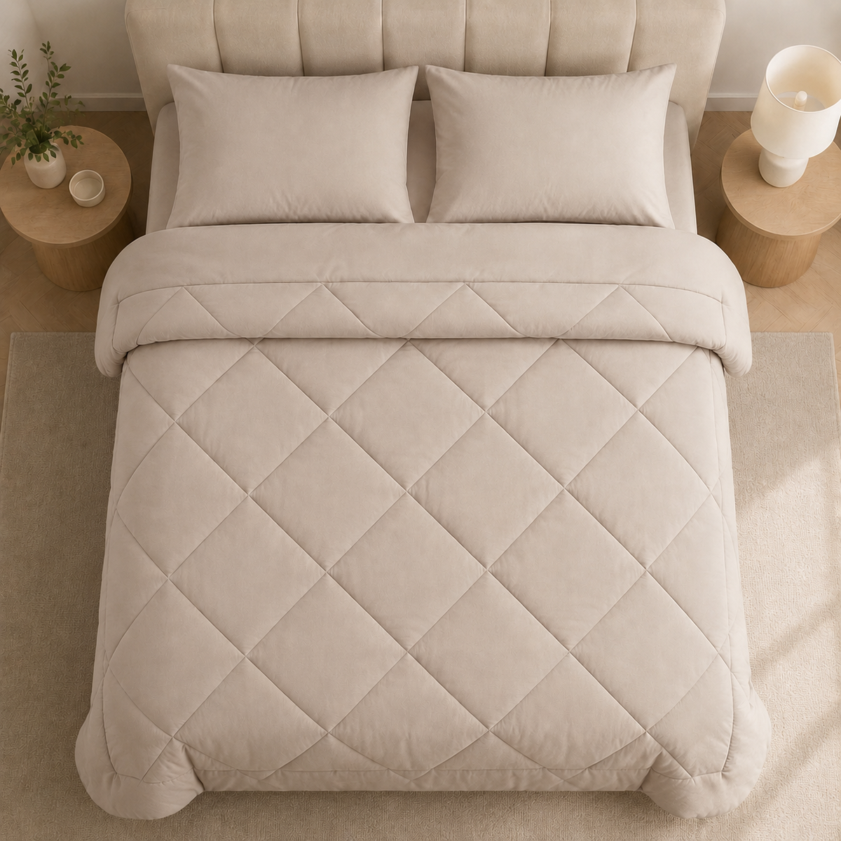 Quilted duvet with diamond stitching arranged over a bed