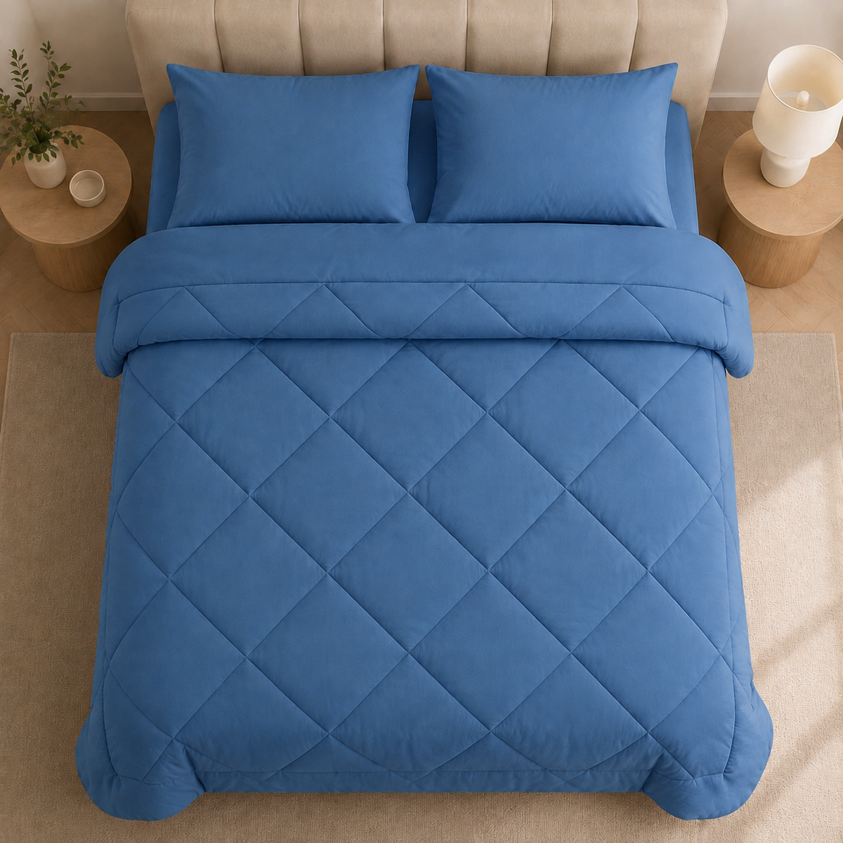 Quilted duvet with diamond stitching arranged over a bed
