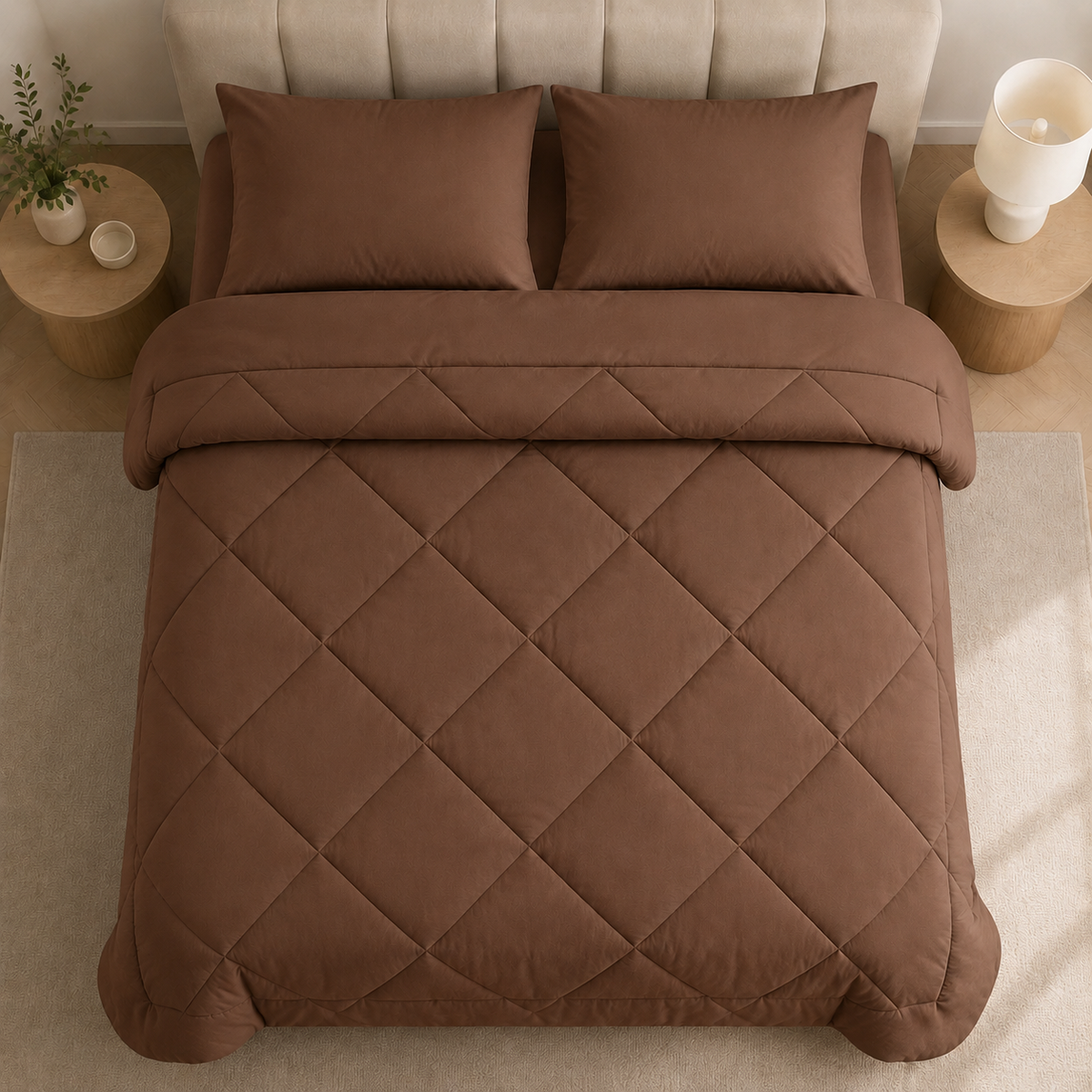 Quilted duvet with diamond stitching arranged over a bed