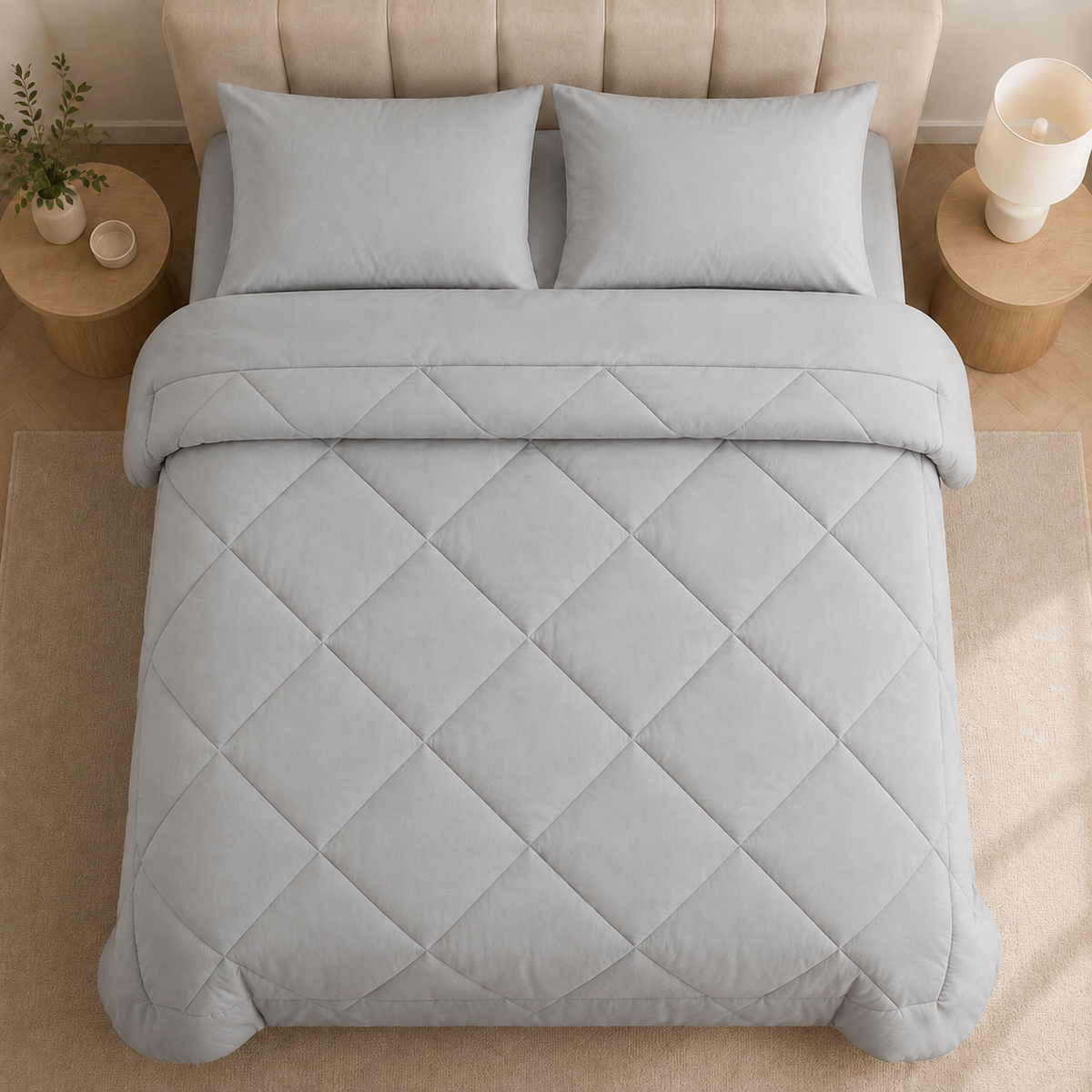 Quilted duvet with diamond stitching arranged over a bed