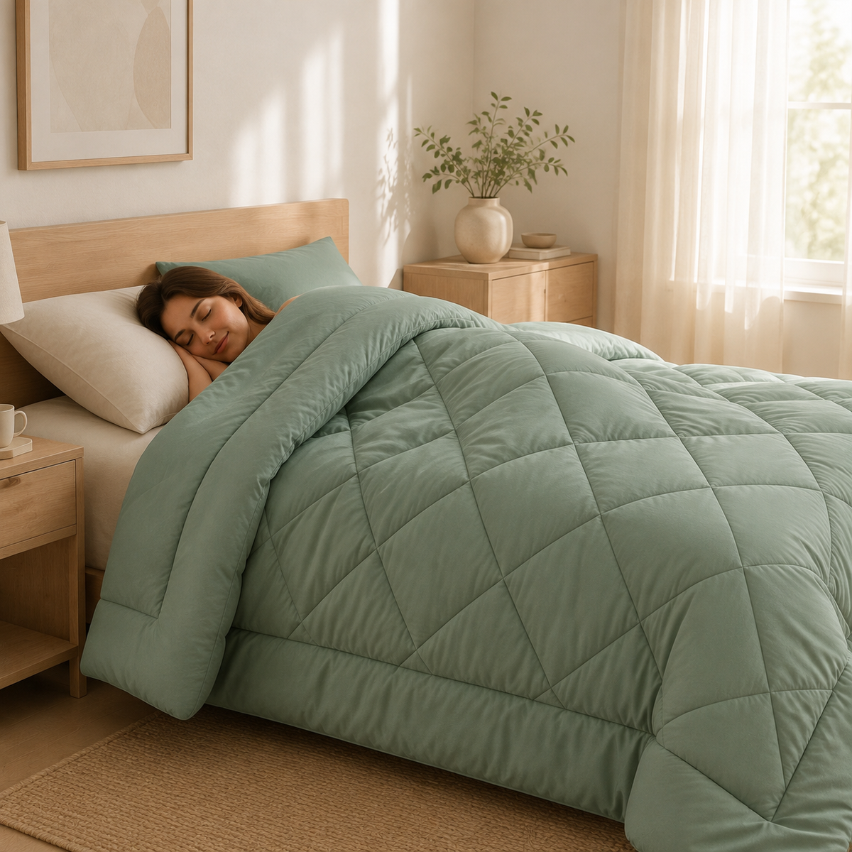 Quilted duvet with diamond stitching arranged over a bed