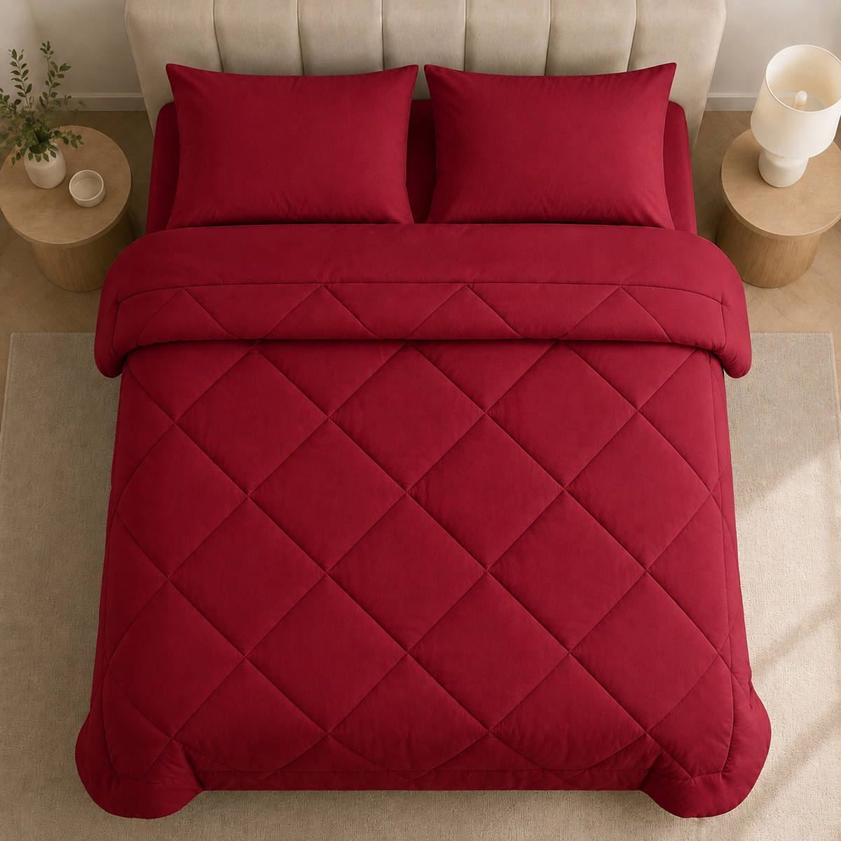 Quilted duvet with diamond stitching arranged over a bed