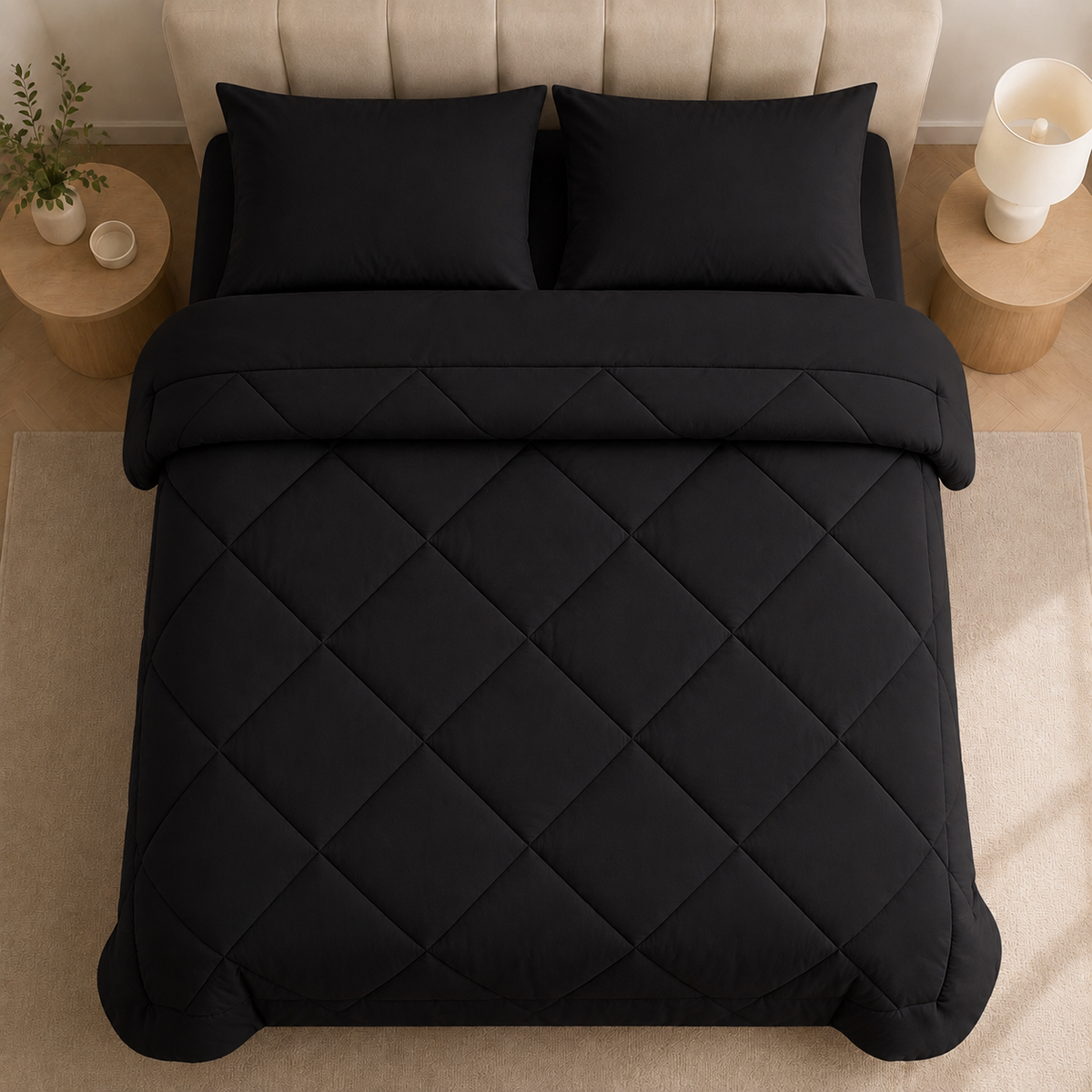 Quilted duvet with diamond stitching arranged over a bed