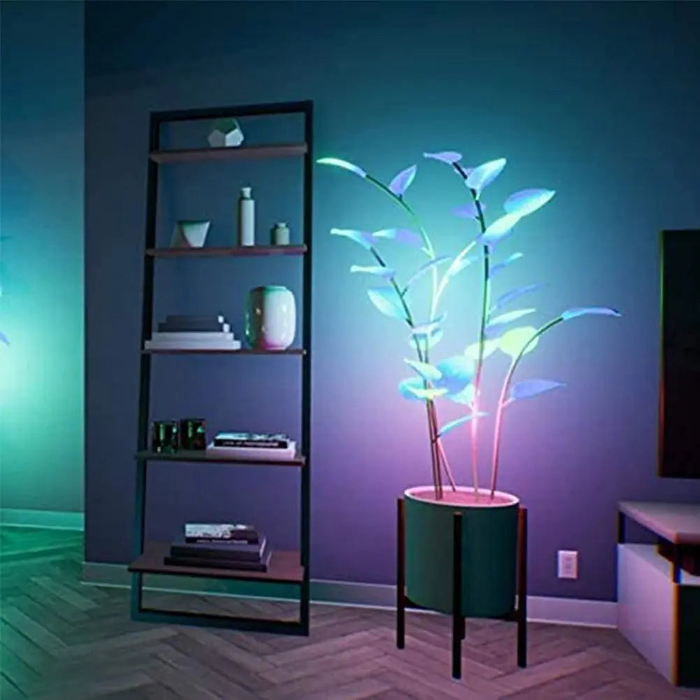 App controlled LED decorative plant with illuminated leaves in a white pot