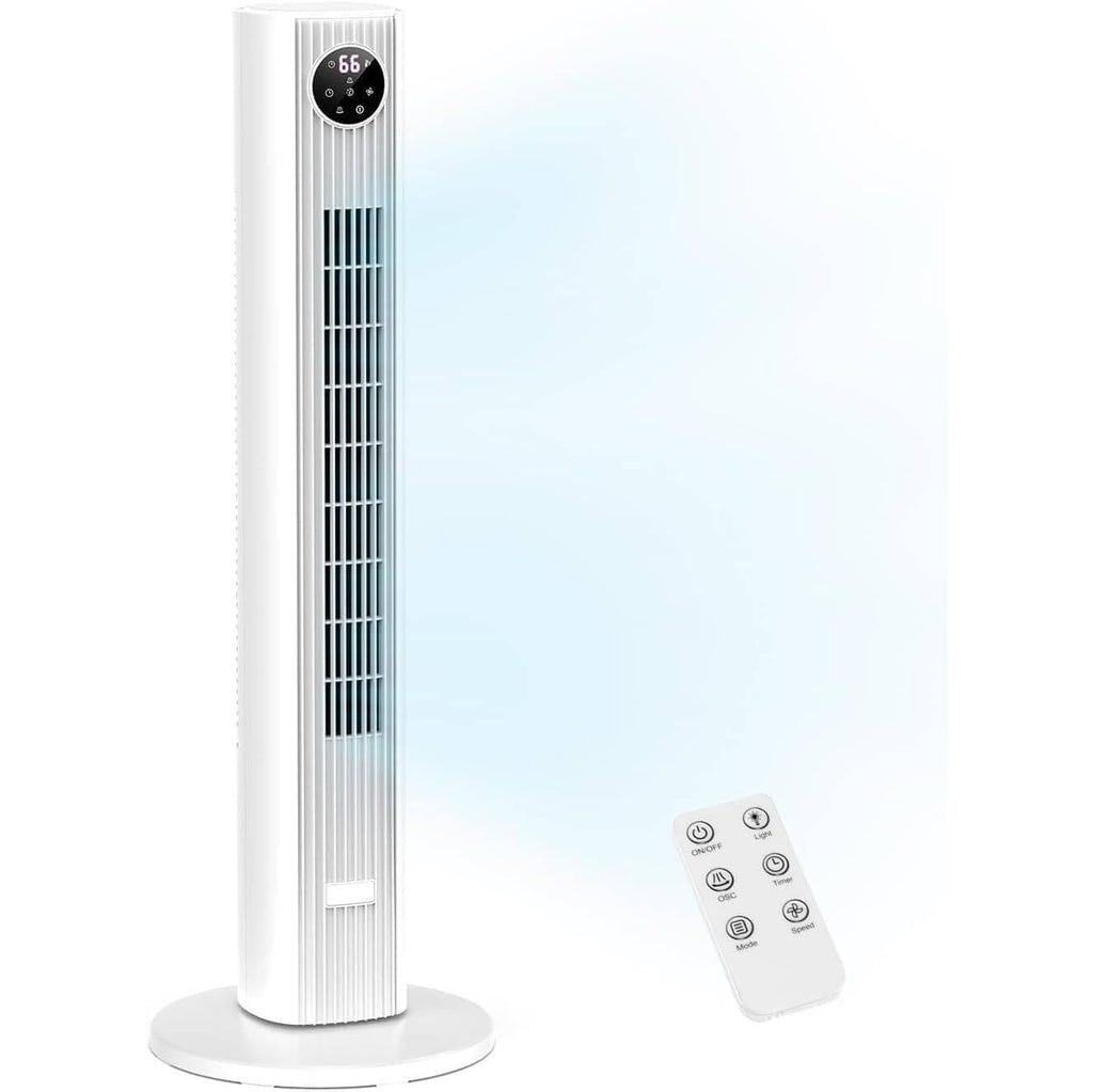 White portable tower air cooler with digital display and round base
