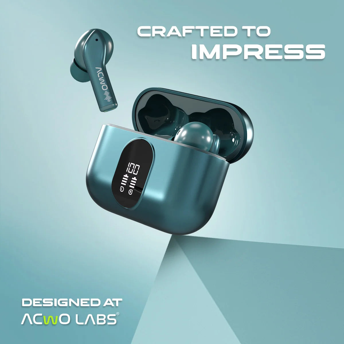 True wireless earbuds in a charging case with digital display