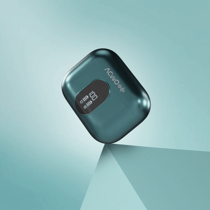 True wireless earbuds in a charging case with digital display