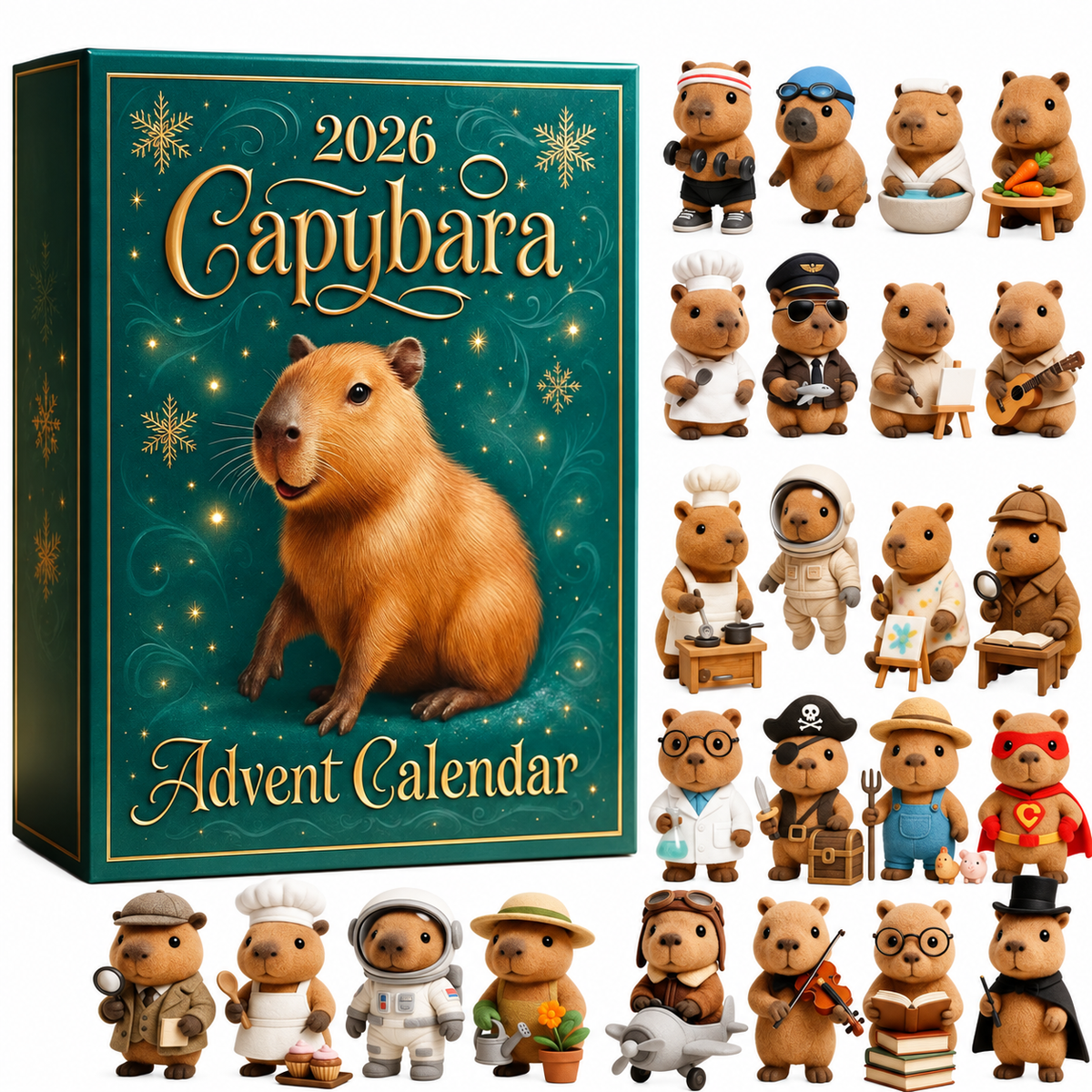 2026 capybara advent calendar box with teal cover and festive illustrated artwork