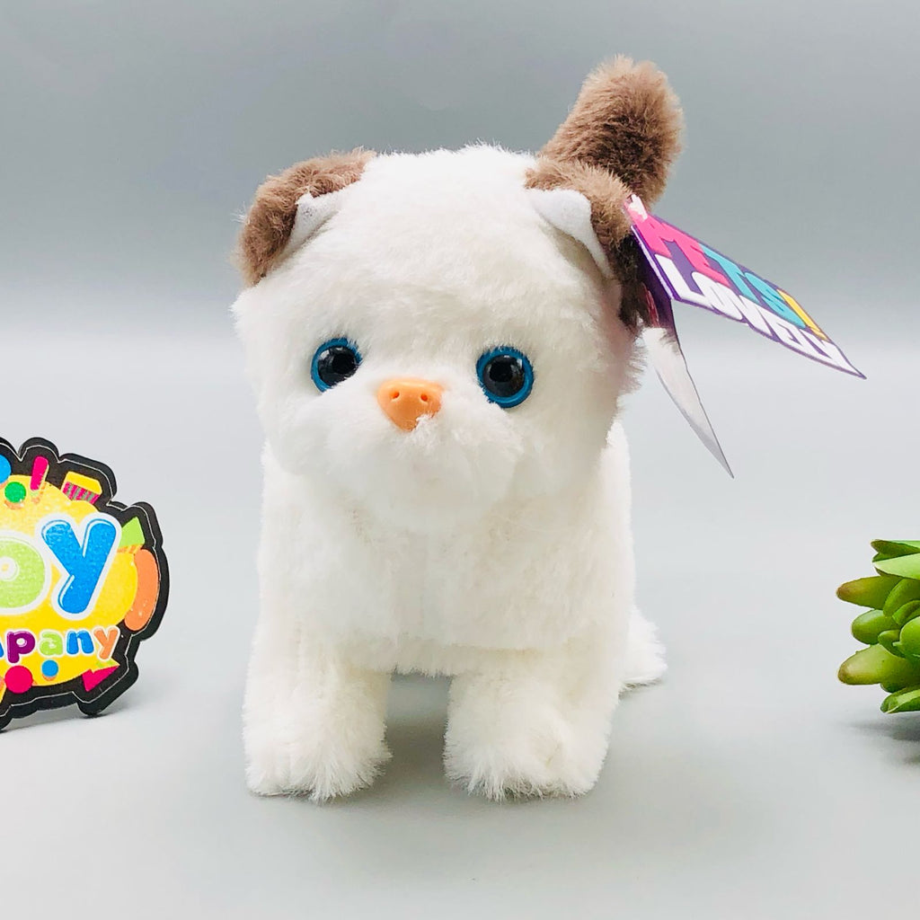 Walking plush cat toy with sound in white and orange colourways