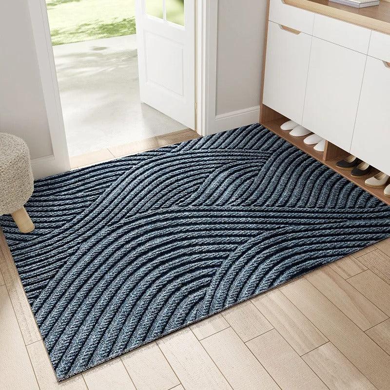 Rectangular geometric ribbed door mat on a hallway floor