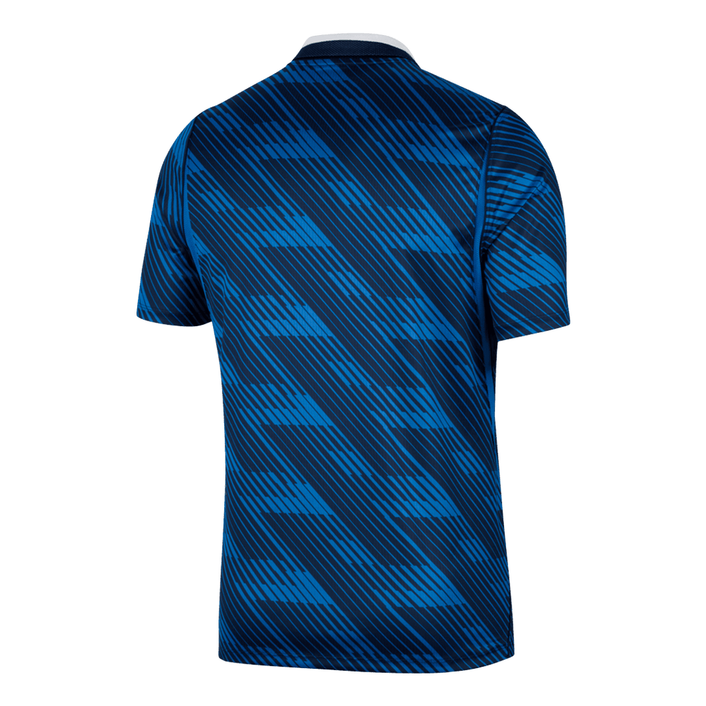Blue short-sleeve football shirt with geometric pattern and white collar