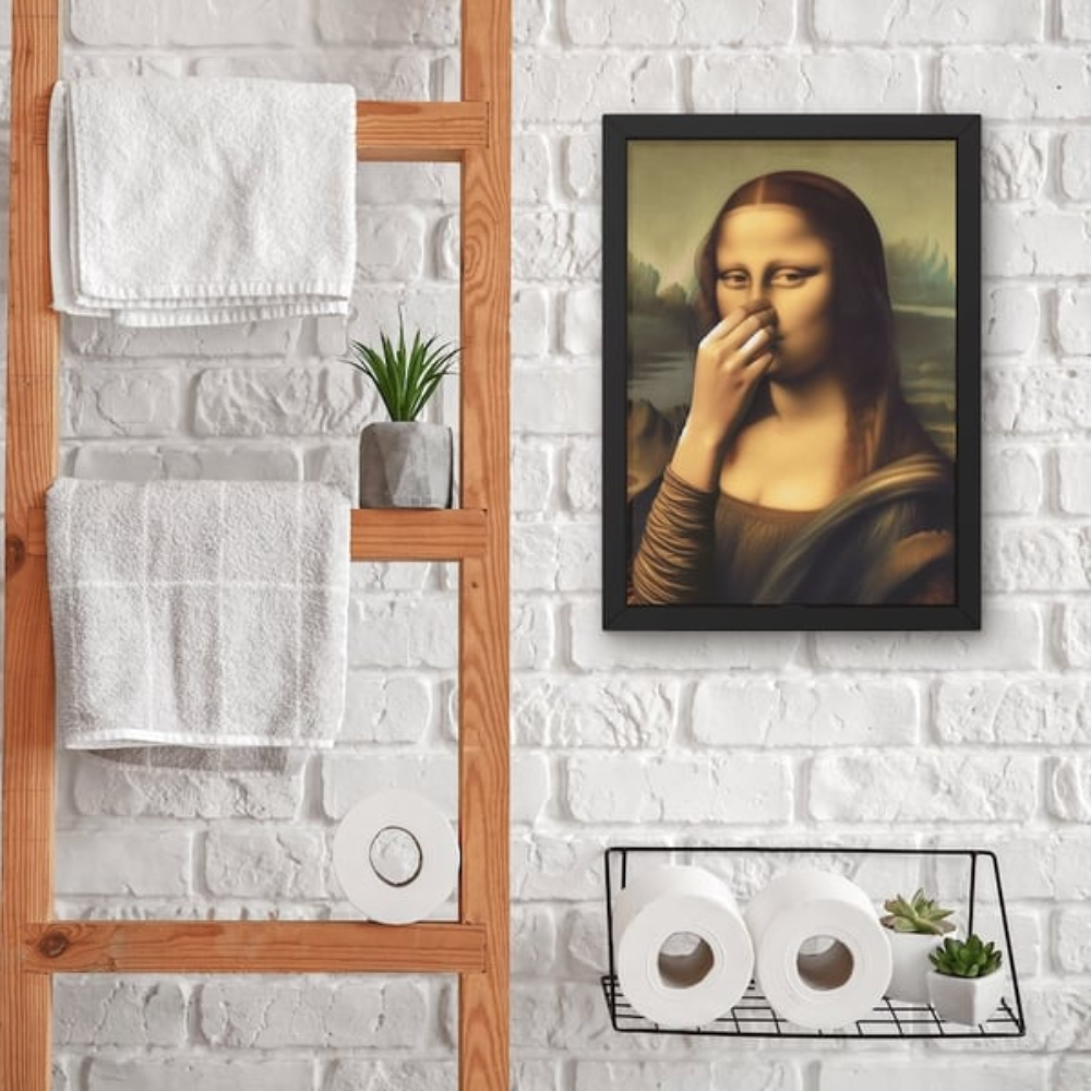 Framed humorous Mona Lisa portrait wall art with a black textured frame