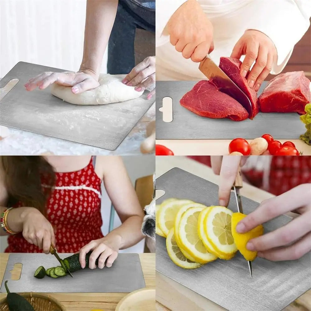Brushed silver titanium chopping board with rounded corners and integrated handle opening