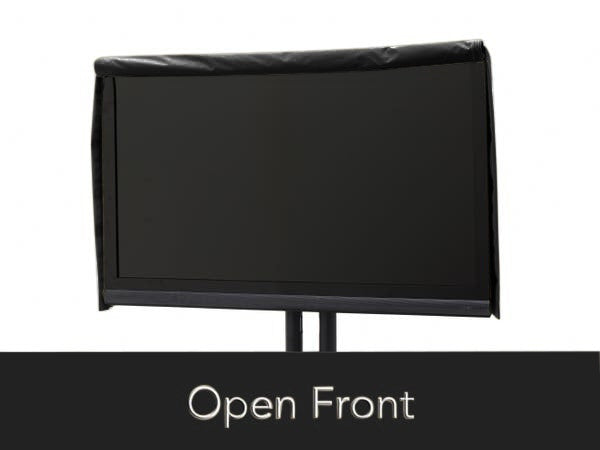 Black outdoor television cover with flip-top front and rear remote pocket