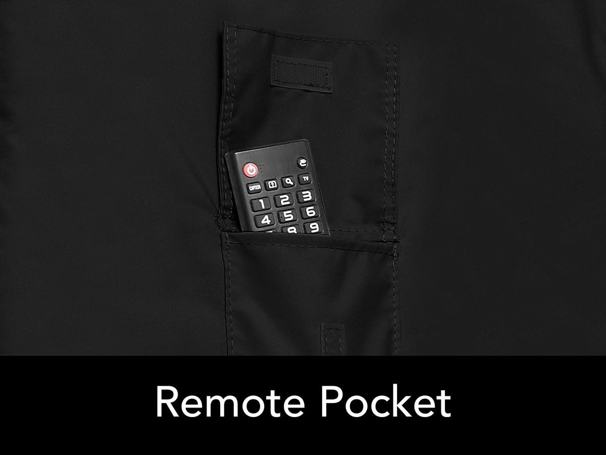 Black outdoor television cover with flip-top front and rear remote pocket