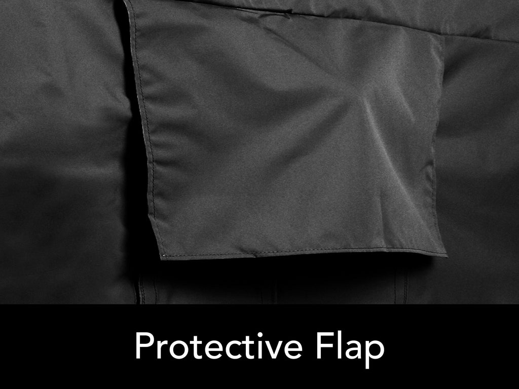 Black full outdoor television cover with front flap and remote pocket