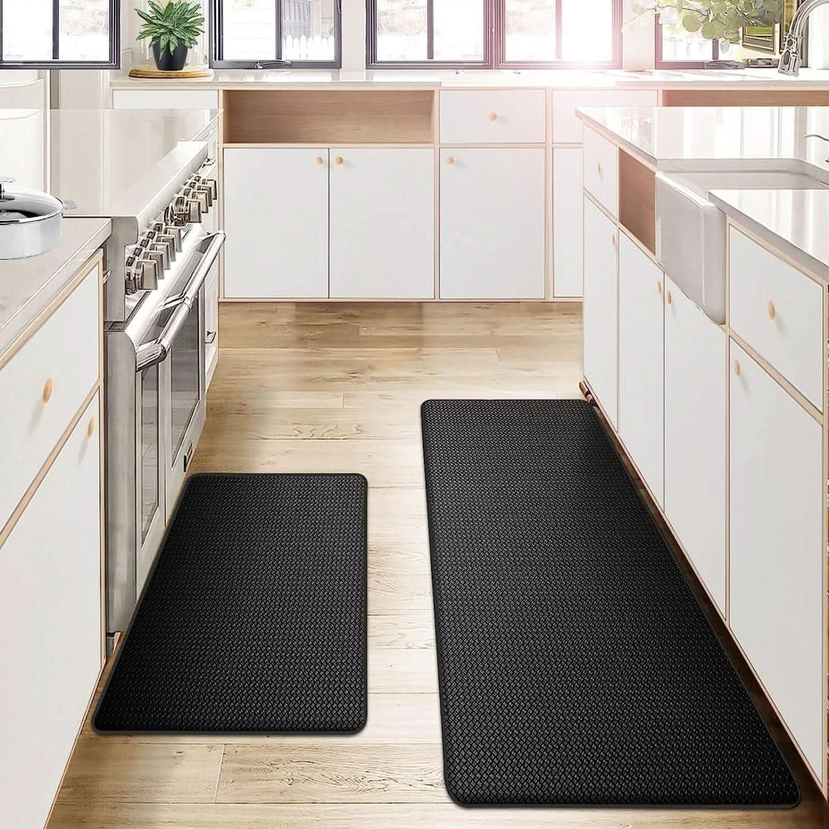 Textured rectangular anti-fatigue kitchen mat on a tiled floor