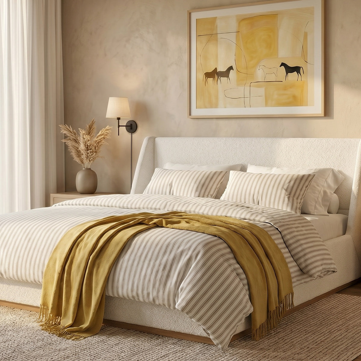 Three-piece striped duvet cover set styled on a bedroom bed