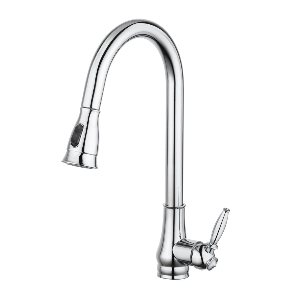 Chrome pull-out kitchen sink mixer tap with curved gooseneck spout and side handle