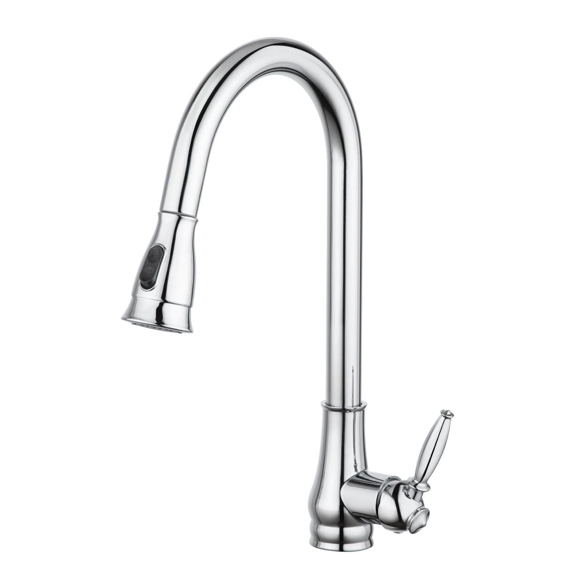 Chrome pull-out kitchen sink mixer tap with curved gooseneck spout and side handle