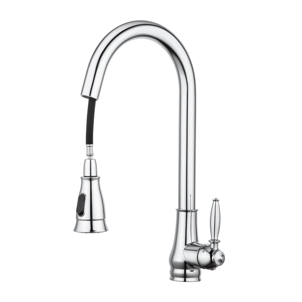 Chrome pull-out kitchen sink mixer tap with curved gooseneck spout and side handle