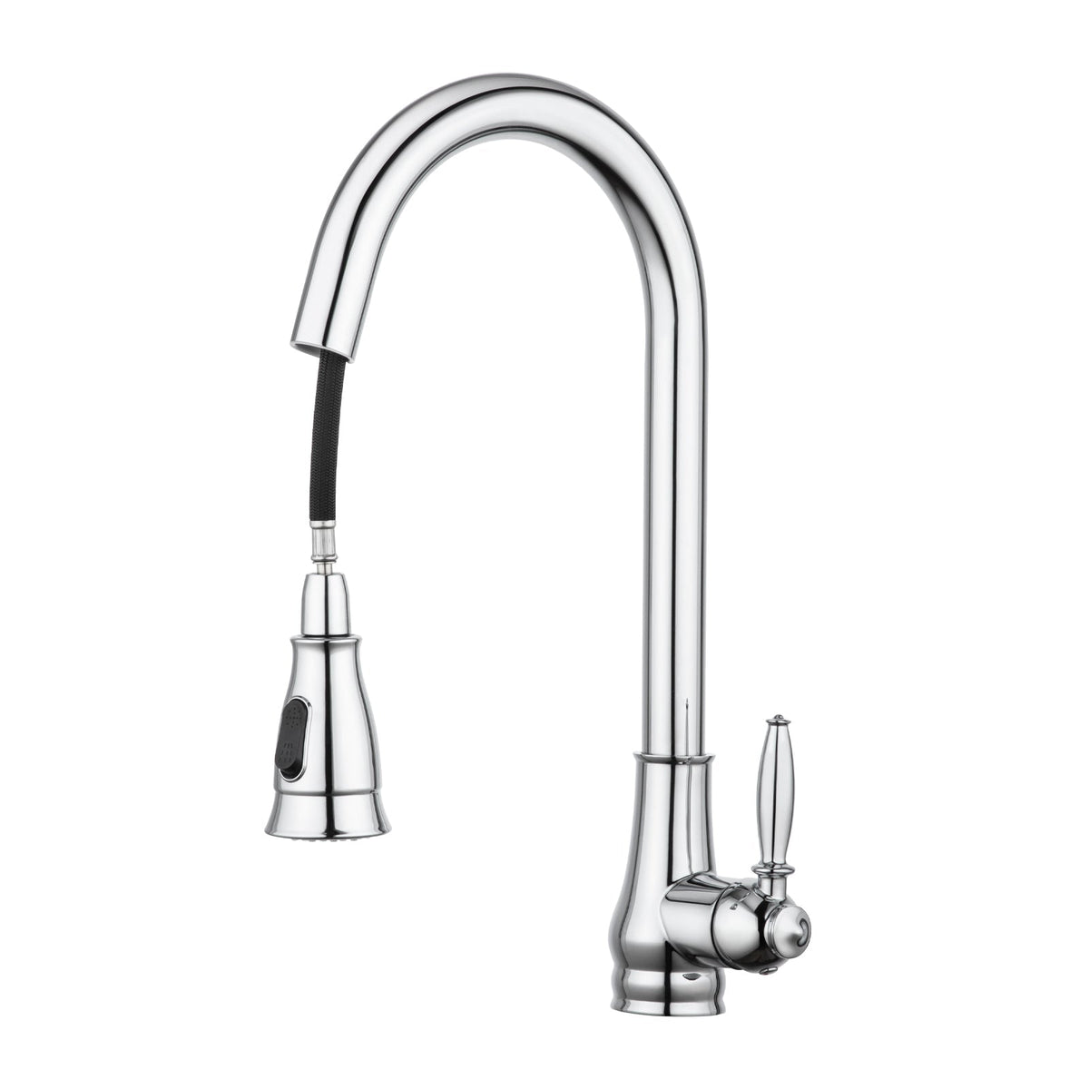 Chrome pull-out kitchen sink mixer tap with curved gooseneck spout and side handle