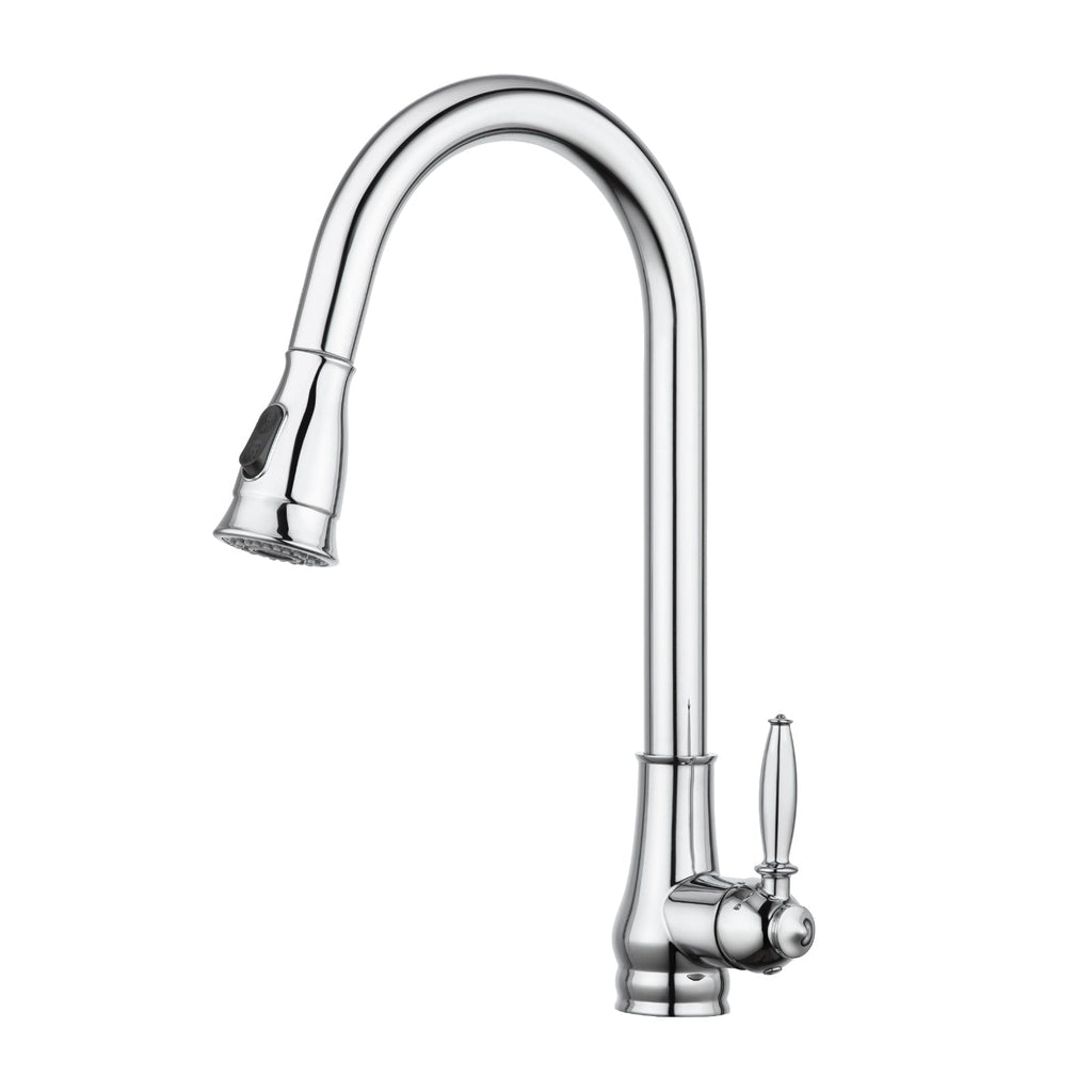 Chrome pull-out kitchen sink mixer tap with curved gooseneck spout and side handle