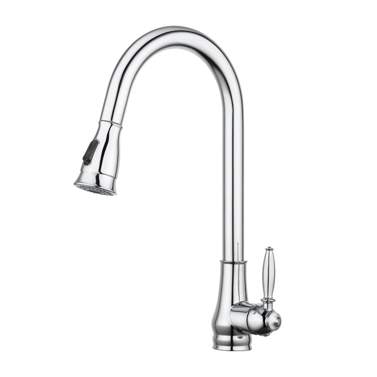 Chrome pull-out kitchen sink mixer tap with curved gooseneck spout and side handle