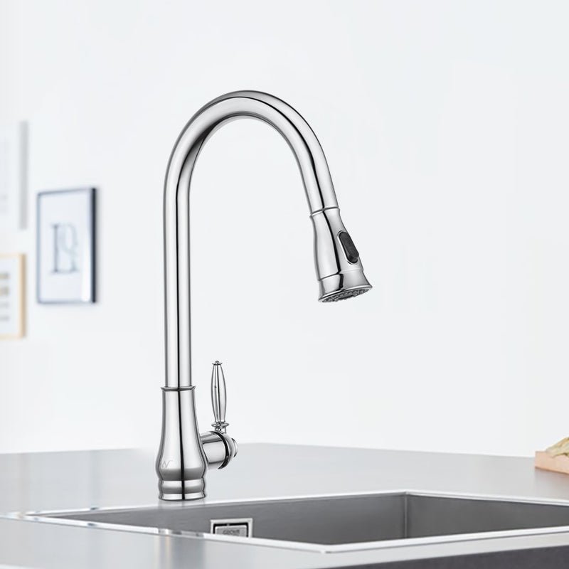Chrome pull-out kitchen sink mixer tap with curved gooseneck spout and side handle