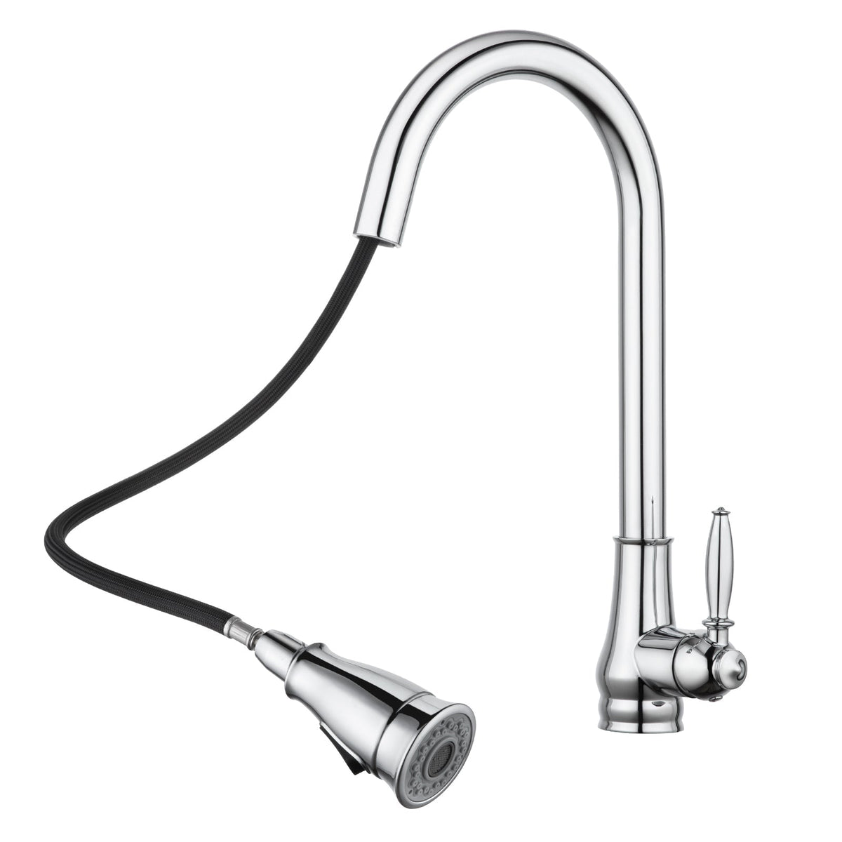 Chrome pull-out kitchen sink mixer tap with curved gooseneck spout and side handle