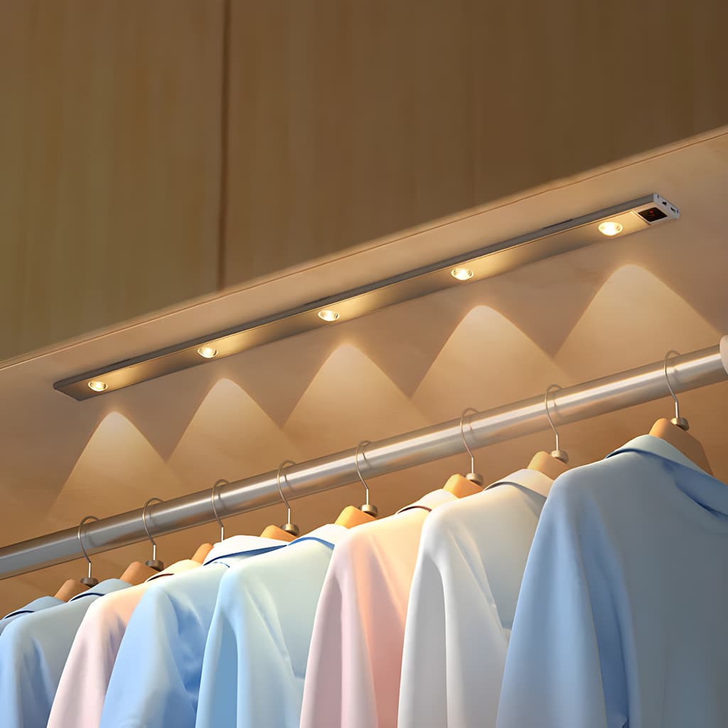Wireless slim LED under cabinet light illuminating a kitchen worktop