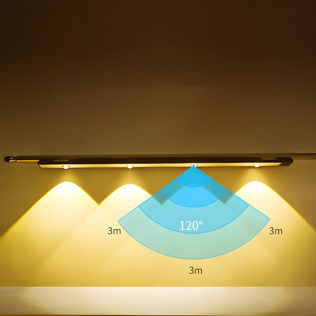 Wireless slim LED under cabinet light illuminating a kitchen worktop