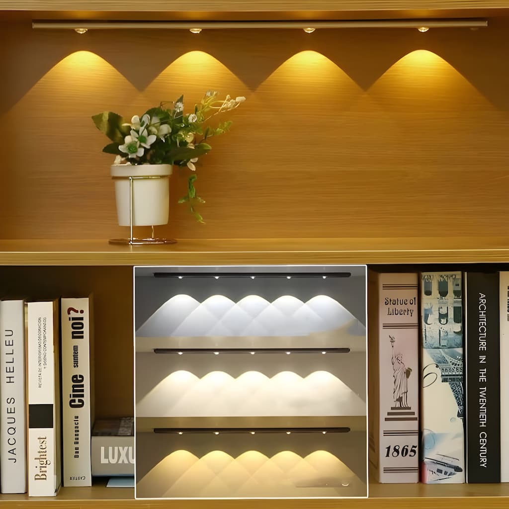 Wireless slim LED under cabinet light illuminating a kitchen worktop