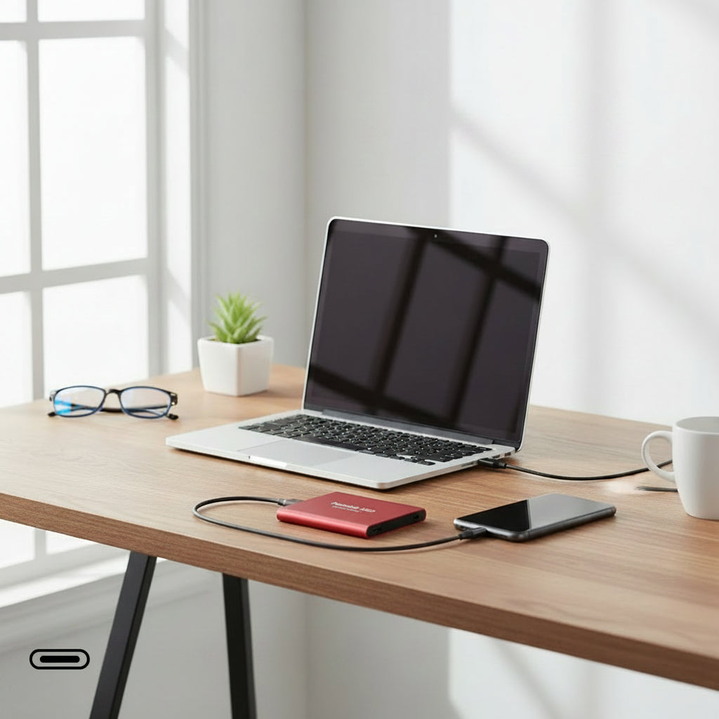 Portable external SSD with USB cable for digital file storage