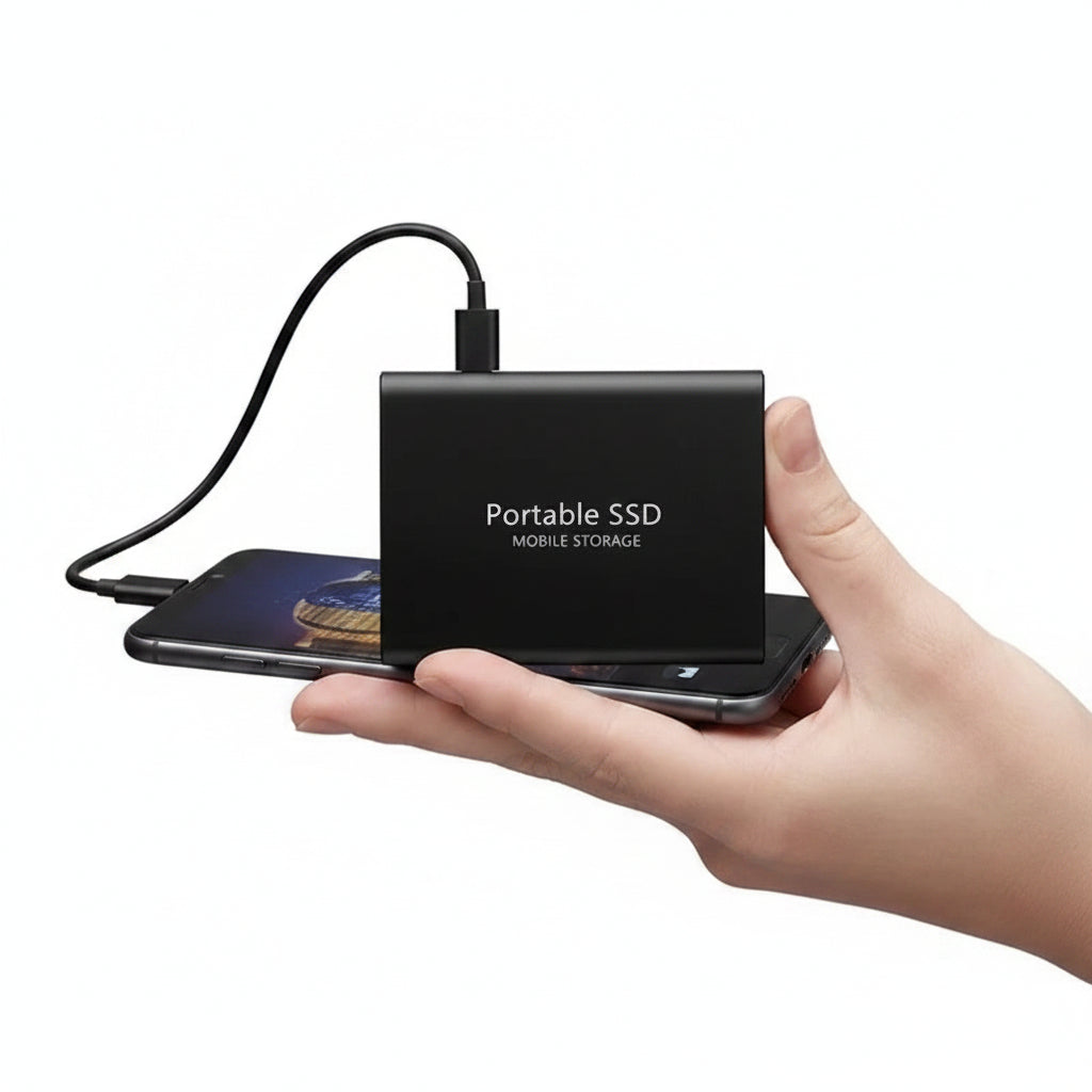 Portable external SSD with USB cable for digital file storage