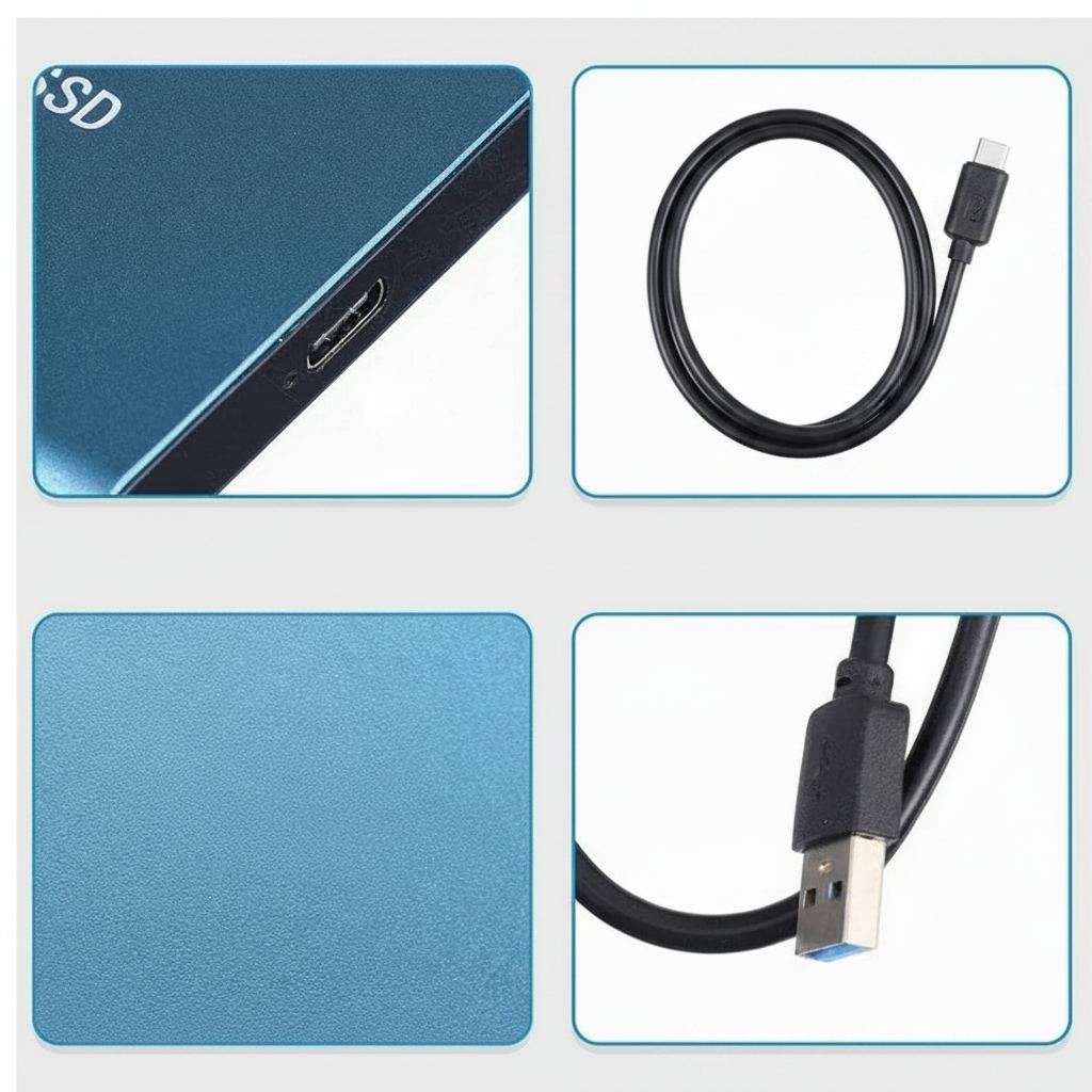 Portable external SSD with USB cable for digital file storage