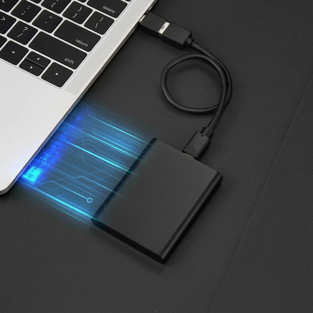 Portable external SSDs in black, red and blue with USB-style ports