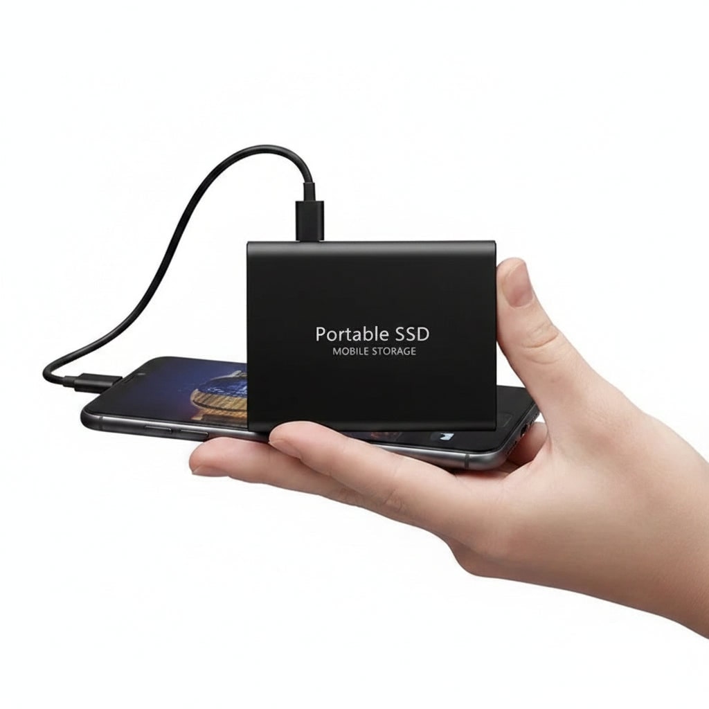 Portable external SSDs in black, red and blue with USB-style ports