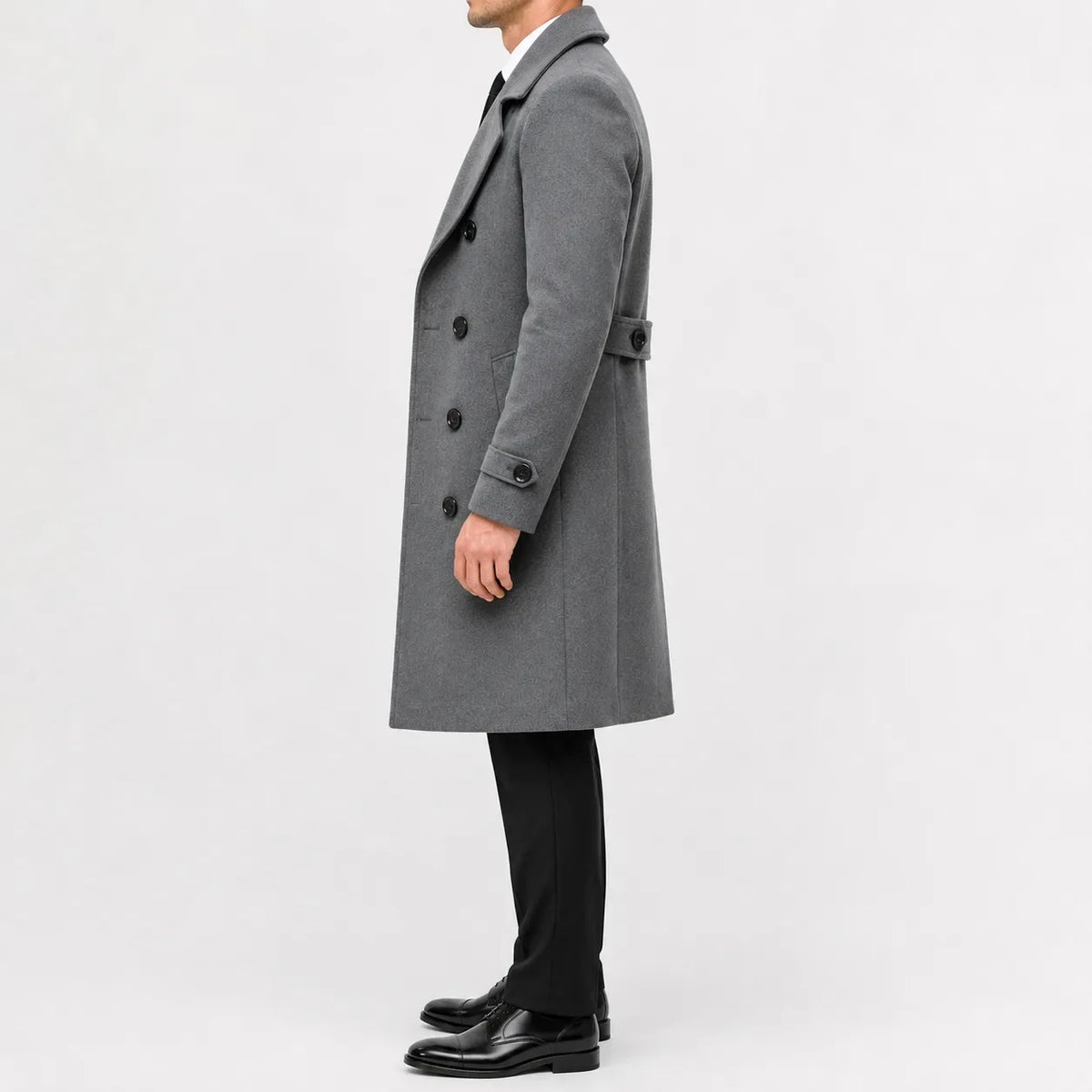 Long double-breasted trench coat with notched lapels and cuff tabs