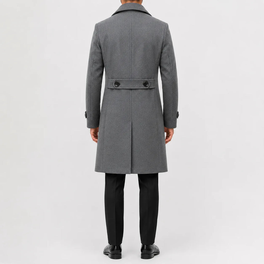 Long double-breasted trench coat with notched lapels and cuff tabs