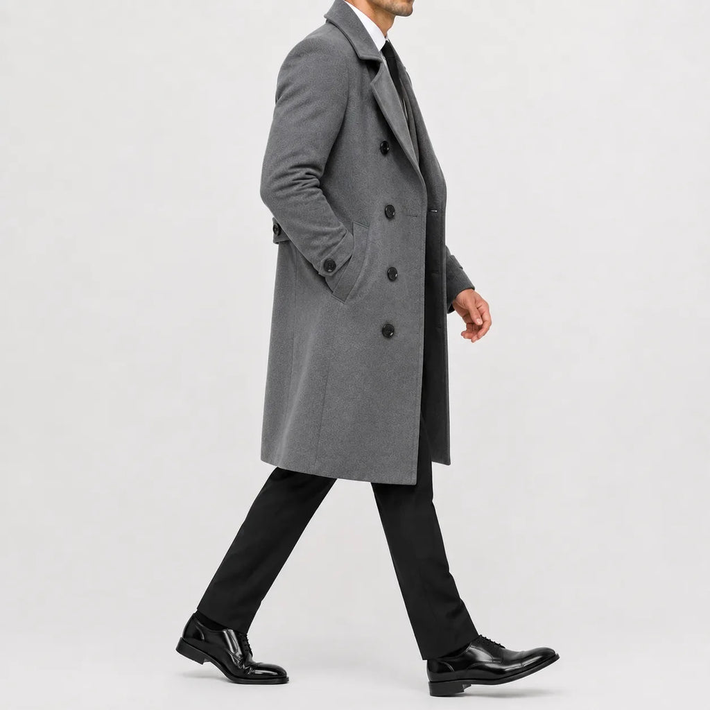 Long double-breasted trench coat with notched lapels and cuff tabs