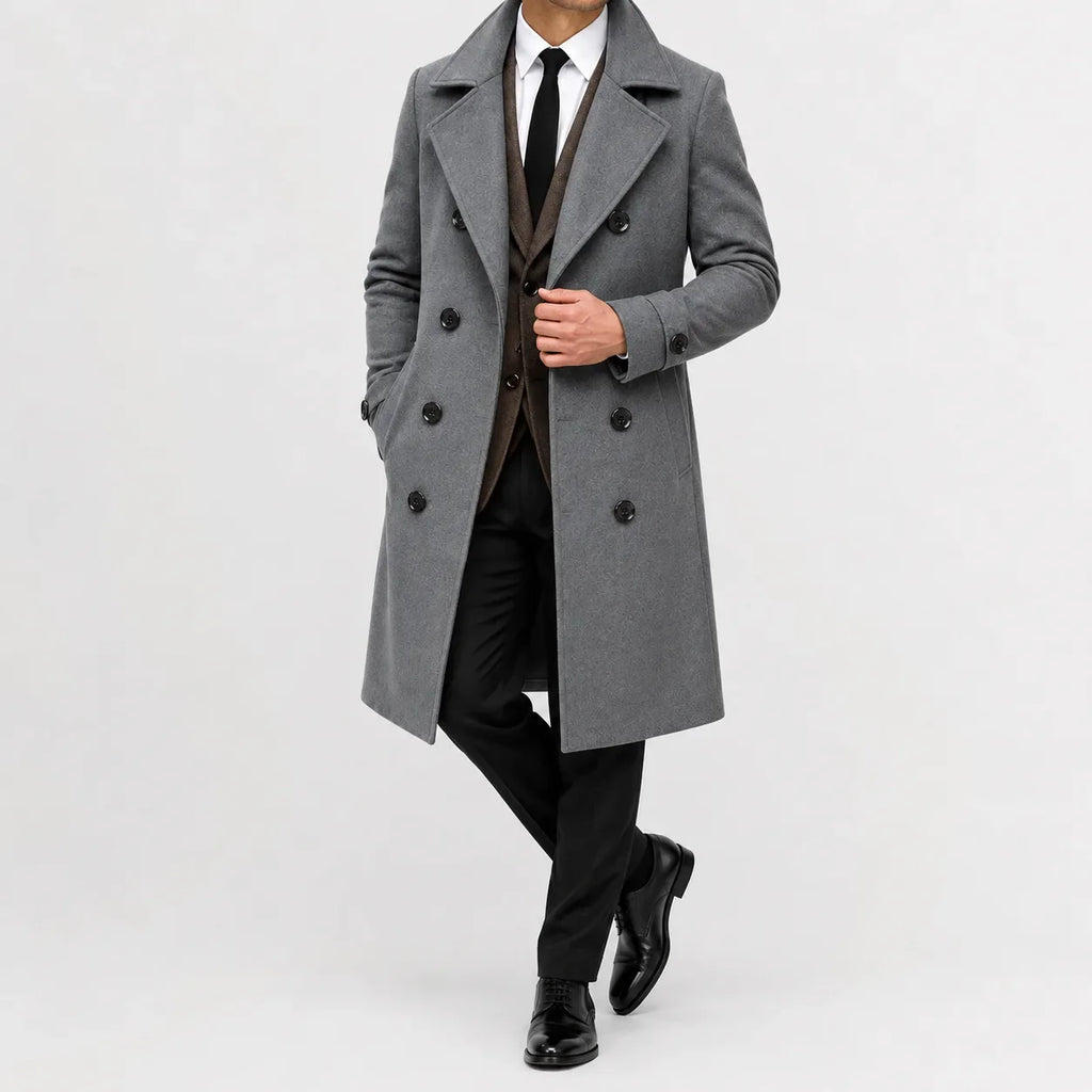 Long double-breasted trench coat with notched lapels and cuff tabs