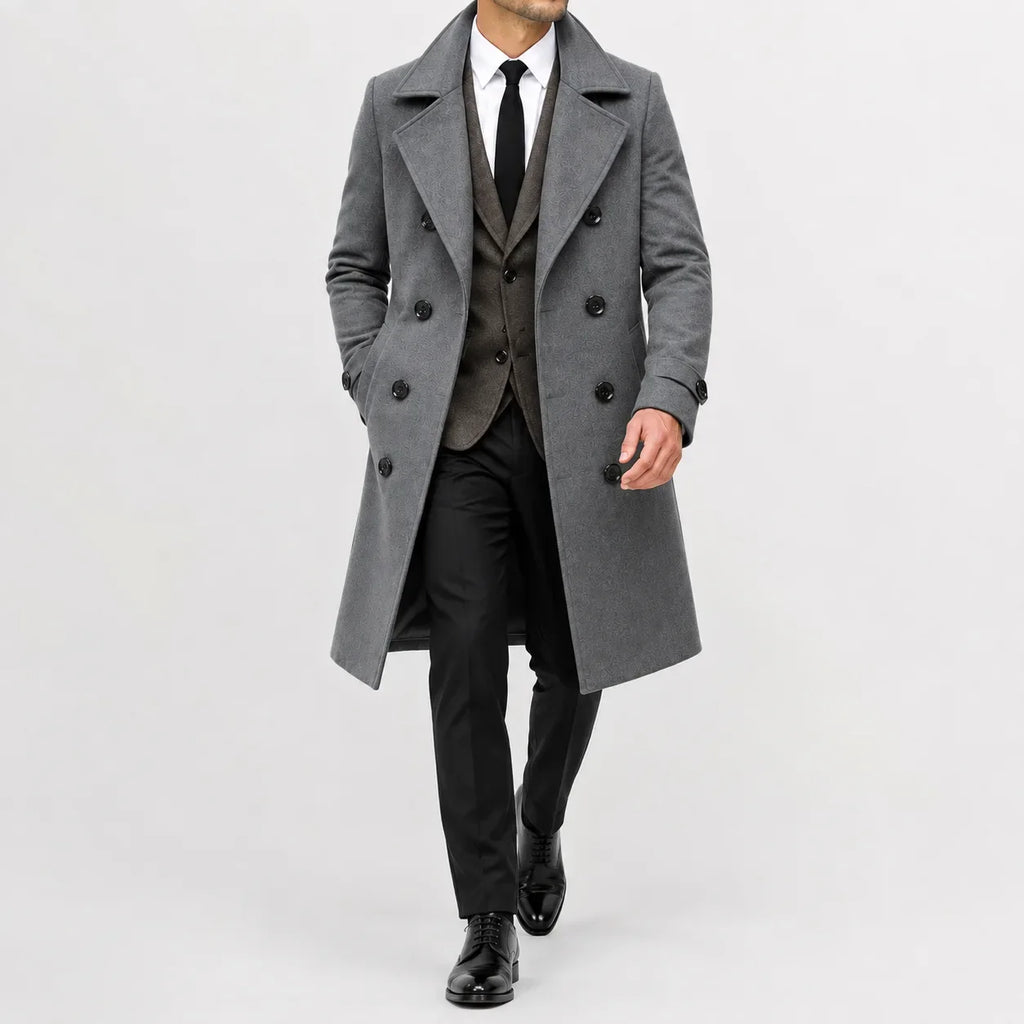 Long double-breasted trench coat with notched lapels and cuff tabs