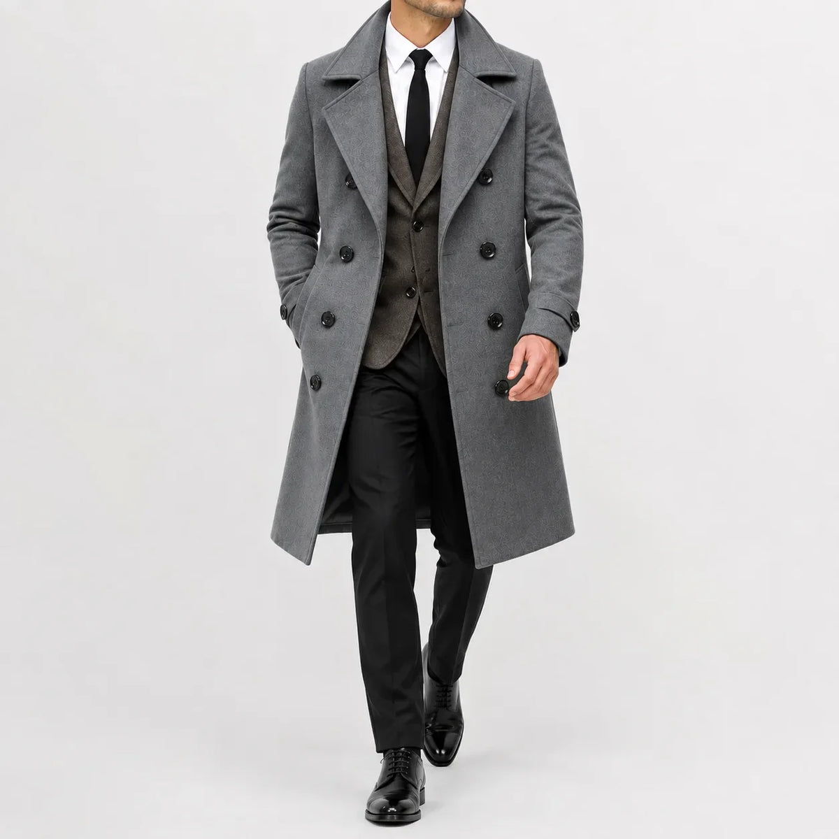 Long double-breasted trench coat with notched lapels and cuff tabs