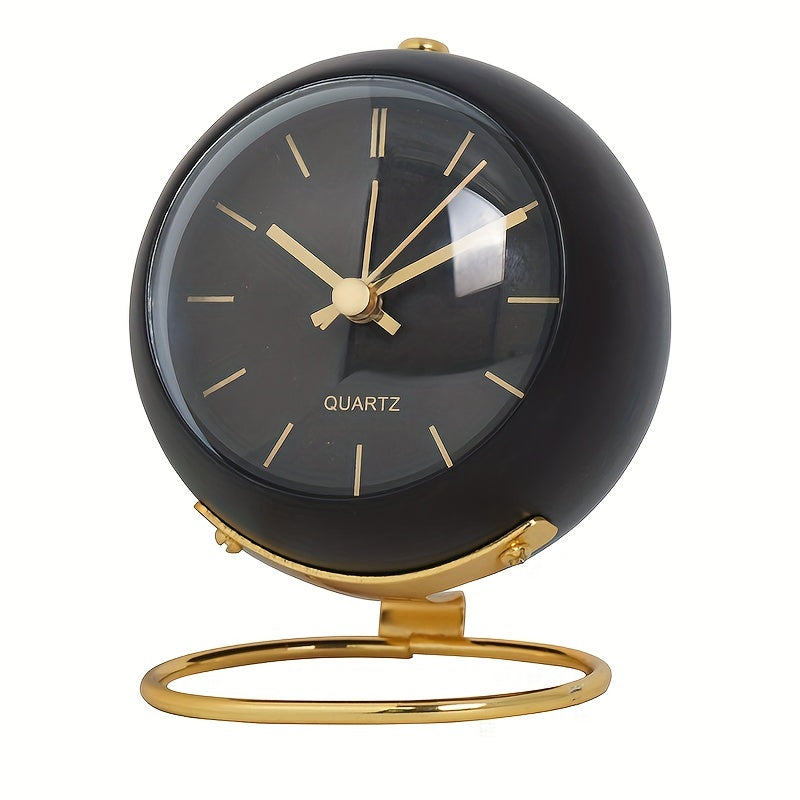 Round Scandinavian table clock with luminous hands and open stand